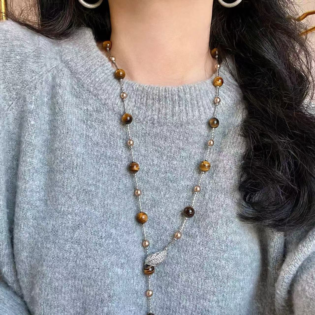 Tiger's Eye Sweater Necklace Long Layered Chain Crystal Leaf Accent