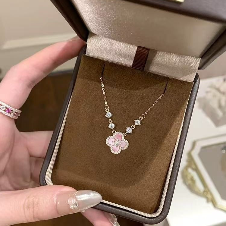 Pink Clover Necklace for Women, Mother of Pearl Four Leaf Clover Pendant, Gold Plated Lucky Charm Jewelry Gift