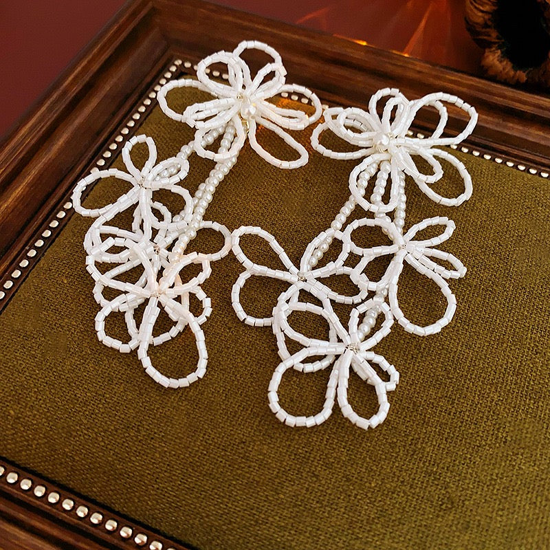 Handmade Beaded Flower Dangle Earrings for Women, White Long Drop Floral Statement Earrings, Lightweight Seed Bead Boho Jewelry for Parties, Weddings & Daily Wear