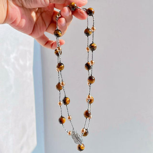 Tiger's Eye Sweater Necklace Long Layered Chain Crystal Leaf Accent