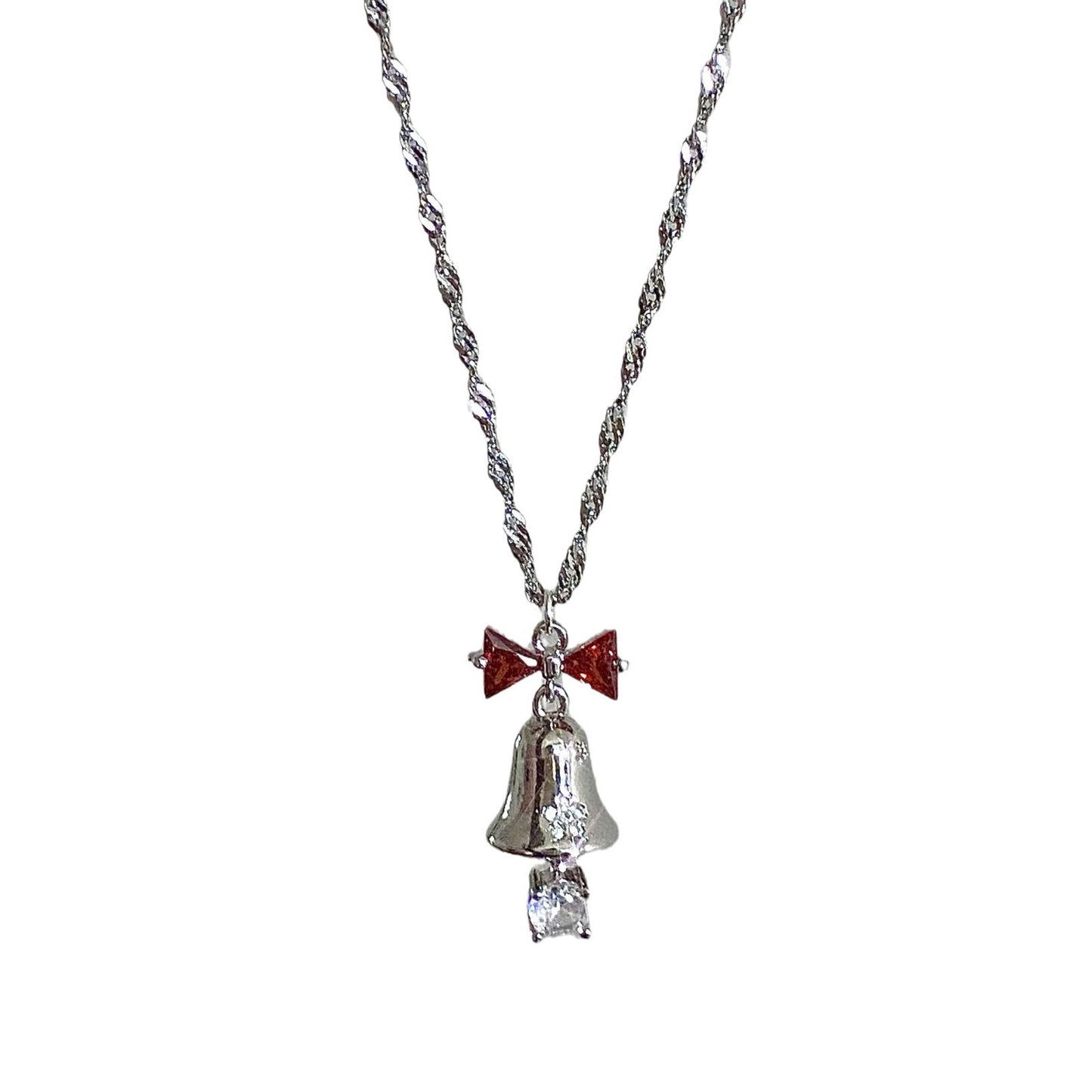 Christmas Bell Necklace Earrings Set - Red Bow CZ Jewelry Gold Silver Holiday Gift for Women