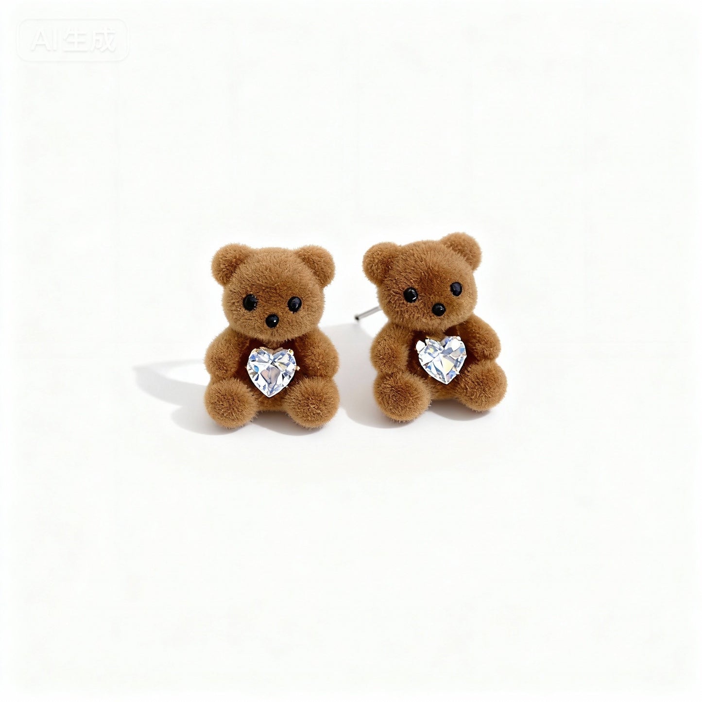Cute Teddy Bear Stud Earrings Women Flocked Brown Bear Hugging Heart Zirconia Kawaii Gift