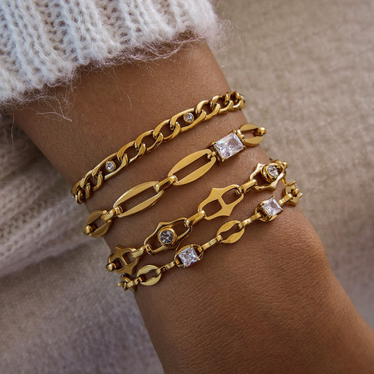 18K Gold Titanium Steel Chain Bracelets for Women, Dainty Layered Link Bracelets with Cubic Zirconia, Stackable Minimalist Jewelry Set, Elegant Gift for Her