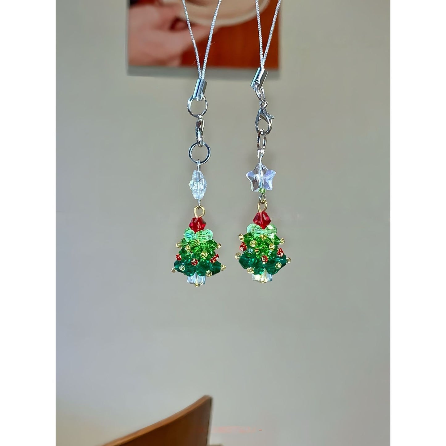 Handmade Beaded Christmas Tree Phone Charm - Green Crystal with Red Star