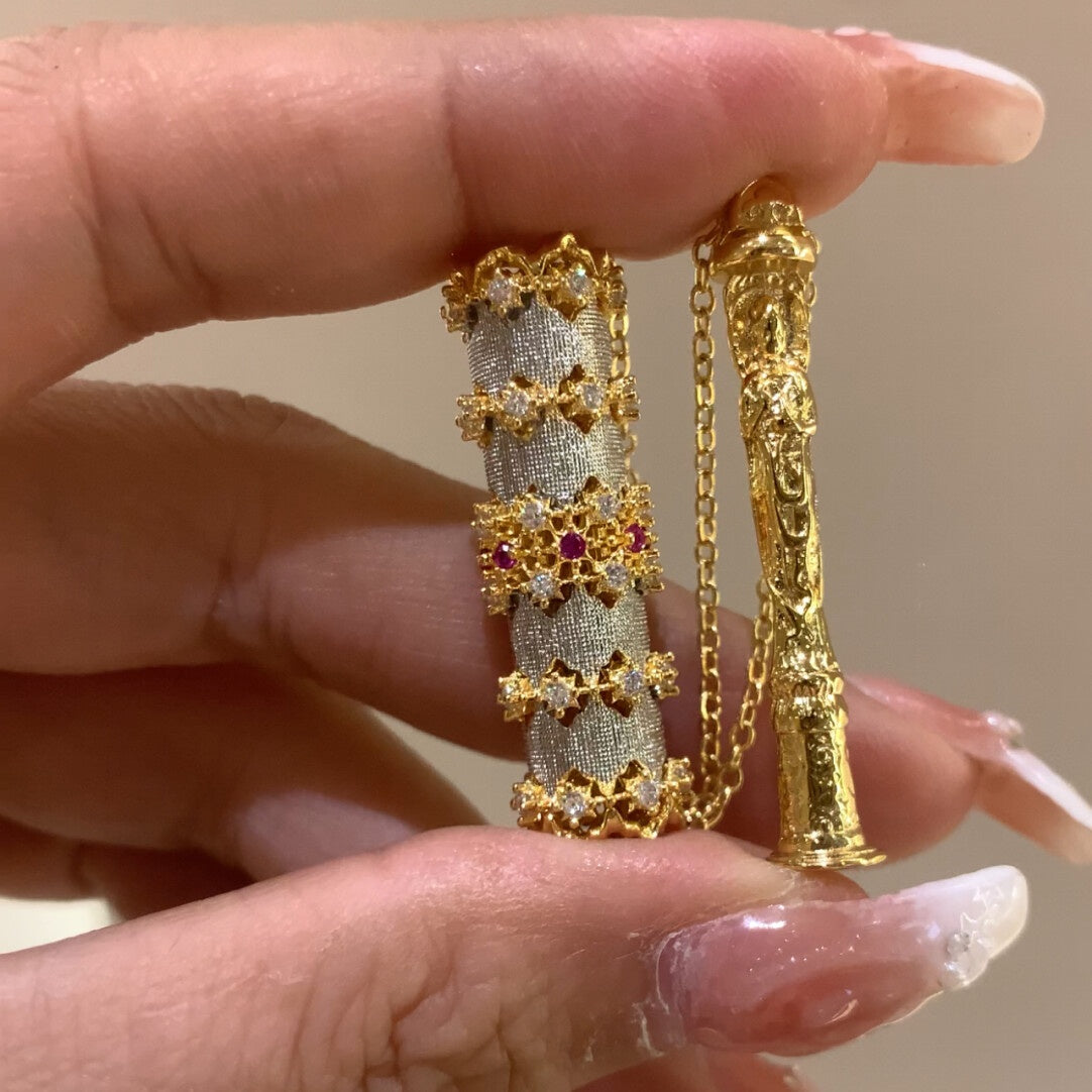 Luxury Gold Plated Kaleidoscope Cylinder Necklace - Handmade Brushed Finish with Gemstone Accents