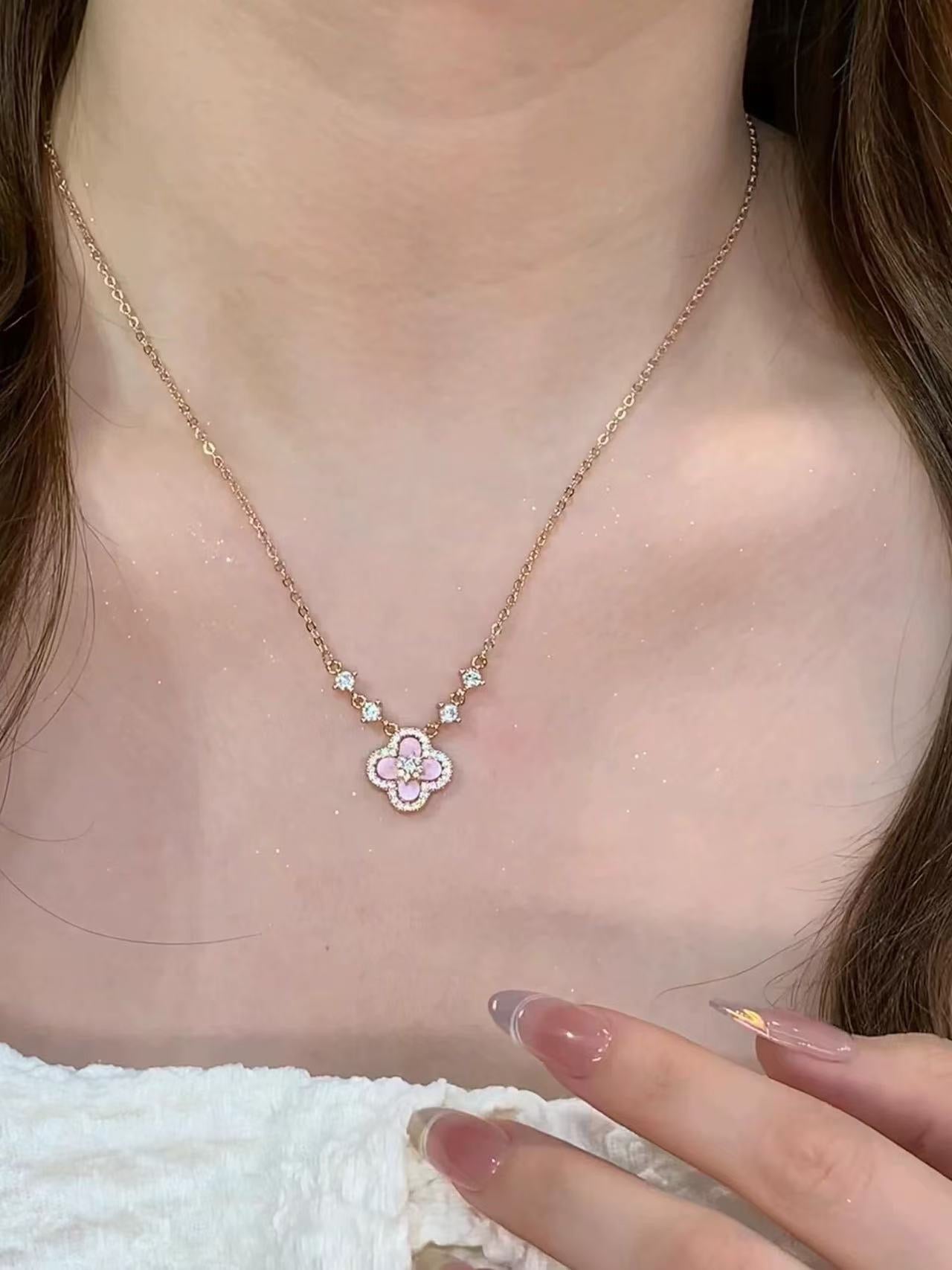Pink Clover Necklace for Women, Mother of Pearl Four Leaf Clover Pendant, Gold Plated Lucky Charm Jewelry Gift