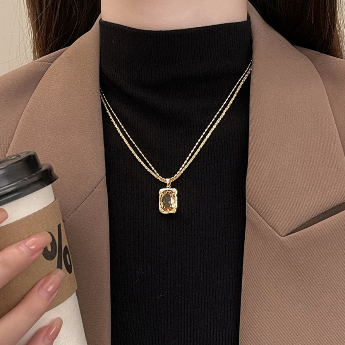 Layered Cube Necklace - Double Chain Pendant Jewelry for Women