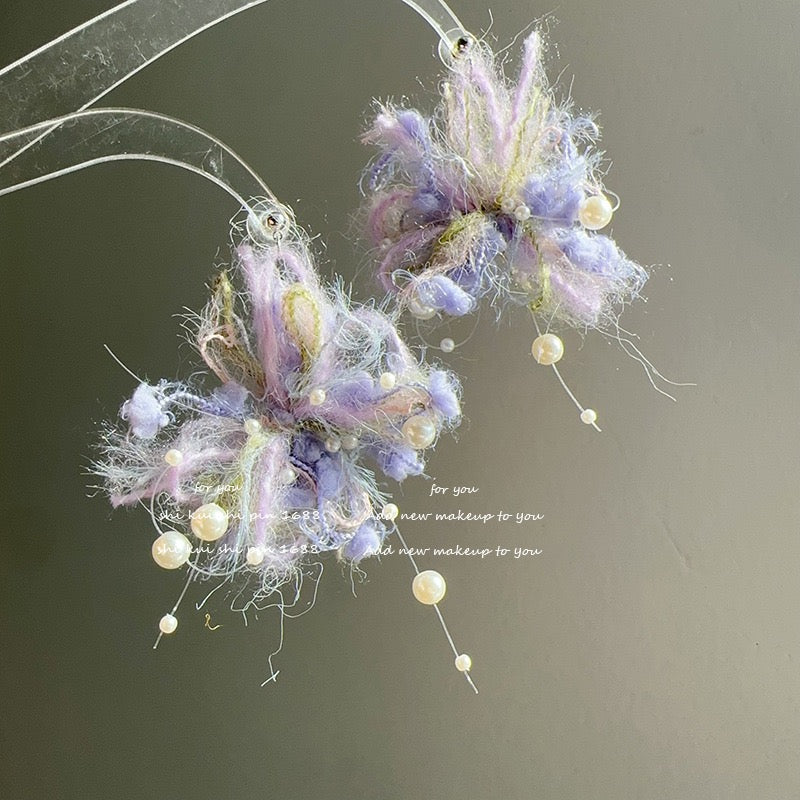 Whimsical Purple Fluffy Flower Pearl Earrings - Statement Jewelry