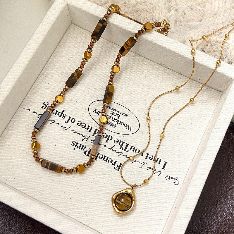 Tiger's Eye Layered Necklace Set - Gold Teardrop Pendant Double Chain