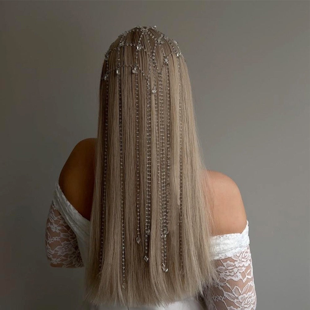 Crystal Cascading Hair Chain Headband - Wedding Party Hair Accessory Headpiece