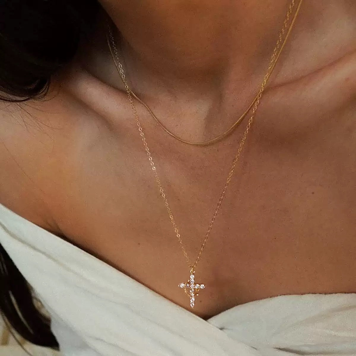 Gold Cross Necklace for Women, CZ Rhinestone Pendant, Rotating Crown Faith Jewelry Gift