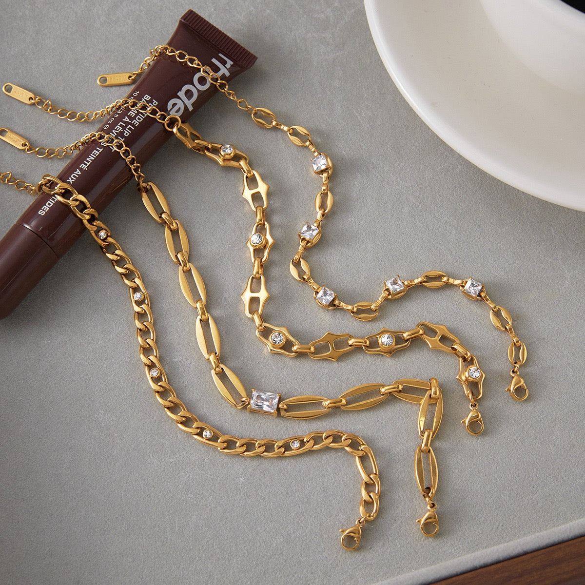 18K Gold Titanium Steel Chain Bracelets for Women, Dainty Layered Link Bracelets with Cubic Zirconia, Stackable Minimalist Jewelry Set, Elegant Gift for Her