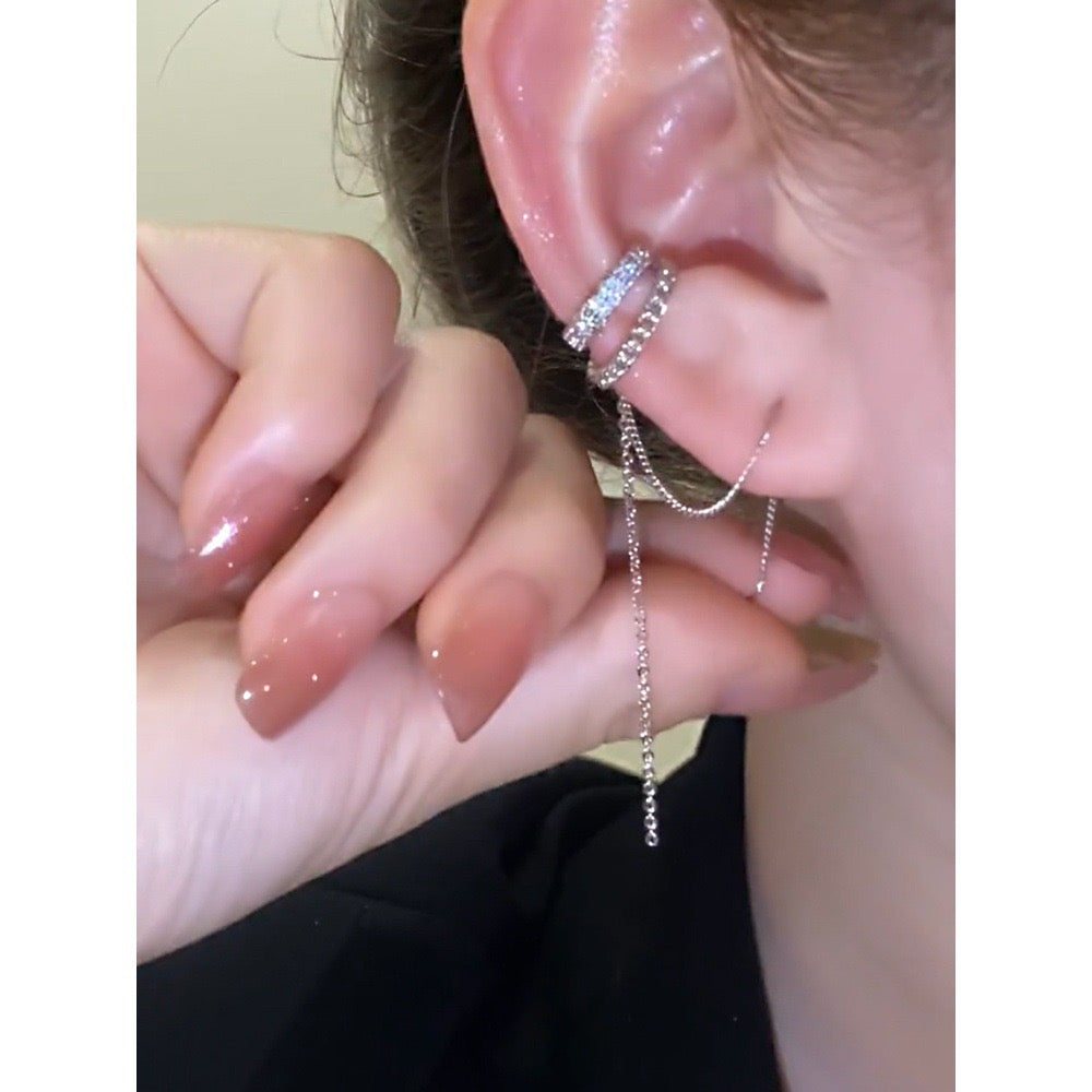 Silver Plated Crystal Chain Ear Cuff - Double Layer No Piercing Earring