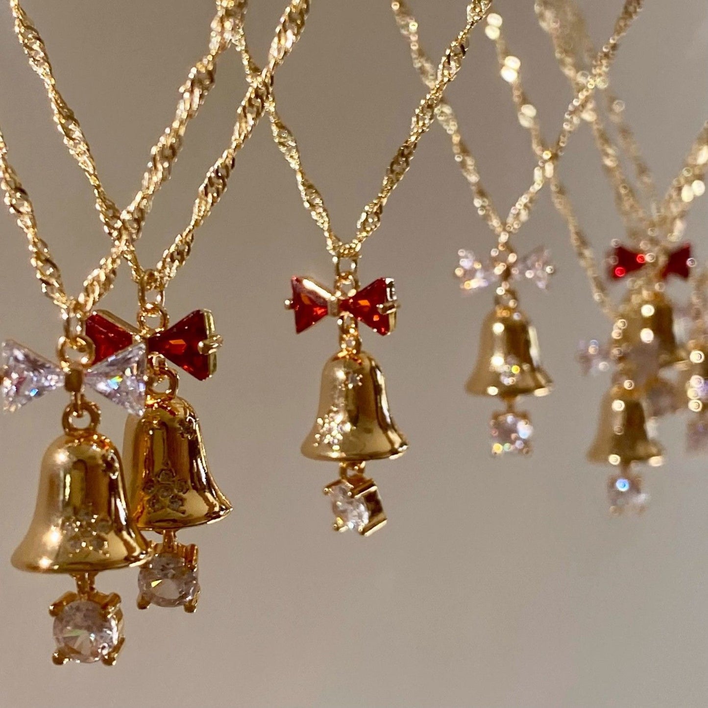 Christmas Bell Necklace Earrings Set - Red Bow CZ Jewelry Gold Silver Holiday Gift for Women