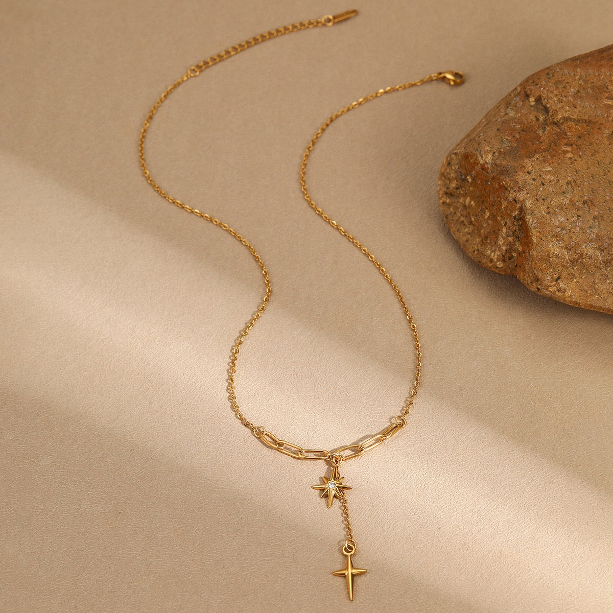 Gold Plated Star Cross Lariat Necklace Y Chain Dainty Layering Necklace for Women
