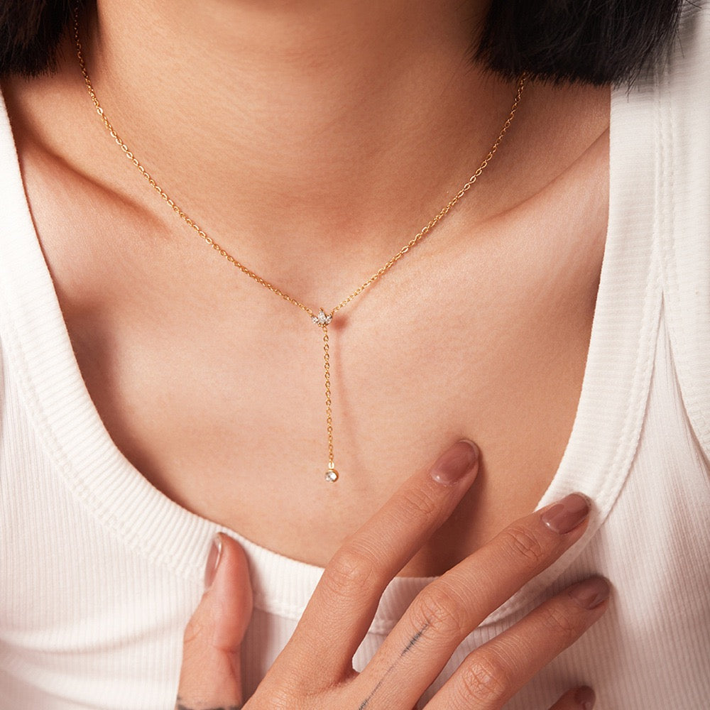 Y Lariat Necklace for Women - Dainty Layering Necklace Stainless Steel CZ Drop Pendant Delicate Minimalist Jewelry