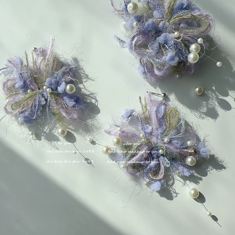 Whimsical Purple Fluffy Flower Pearl Earrings - Statement Jewelry