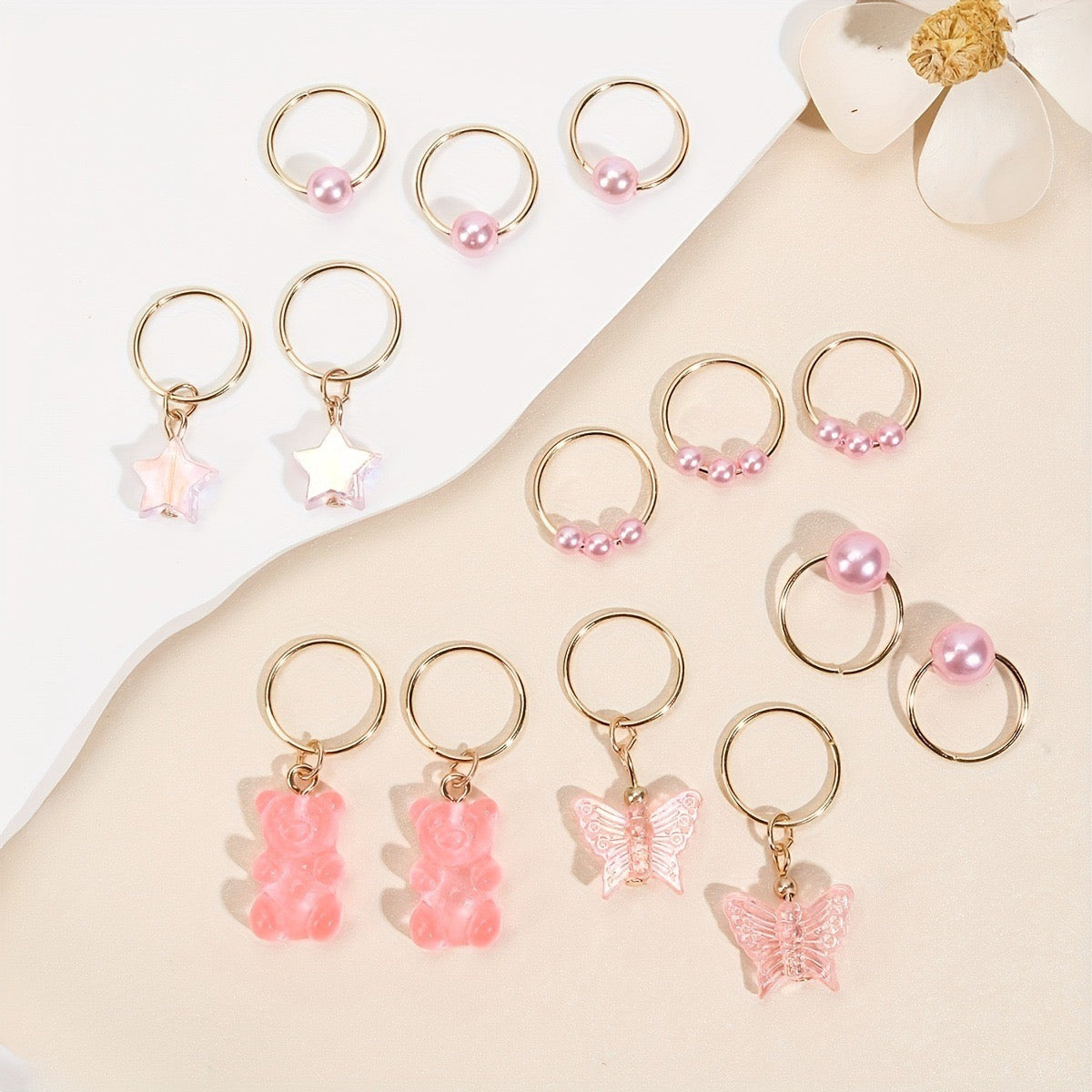 Cute Pink Hair Rings Set - Stars Butterflies Teddy Bear Charms
