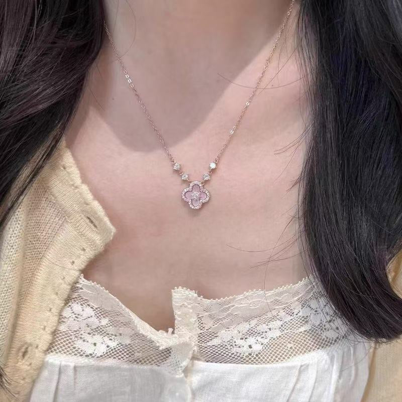 Pink Clover Necklace for Women, Mother of Pearl Four Leaf Clover Pendant, Gold Plated Lucky Charm Jewelry Gift