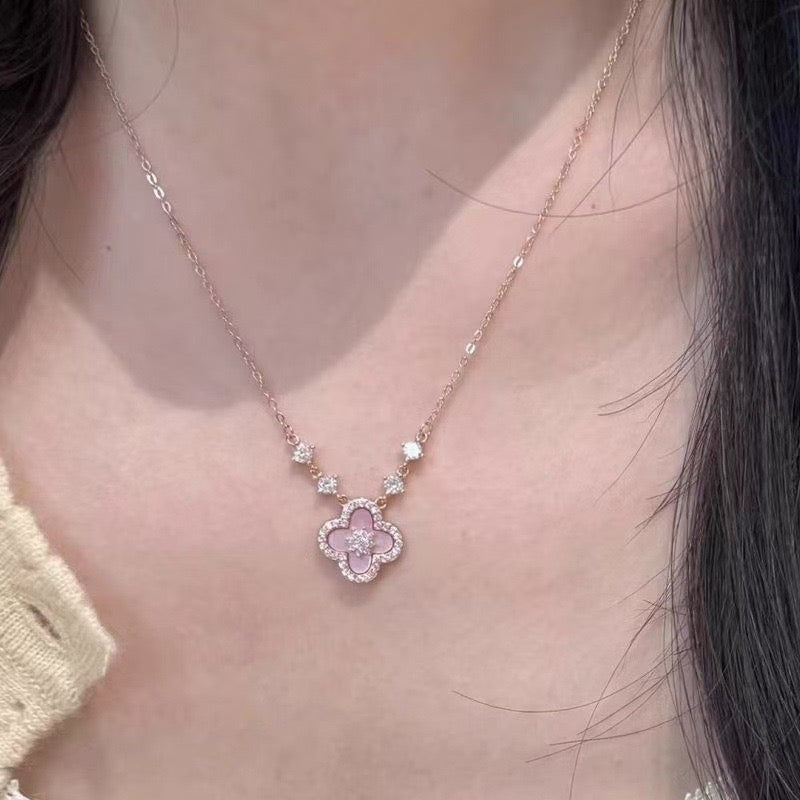 Pink Clover Necklace for Women, Mother of Pearl Four Leaf Clover Pendant, Gold Plated Lucky Charm Jewelry Gift