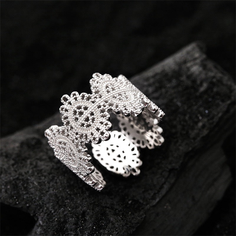 French Lace Ring Women Silver Plated Adjustable Open Ring Vintage Hollow