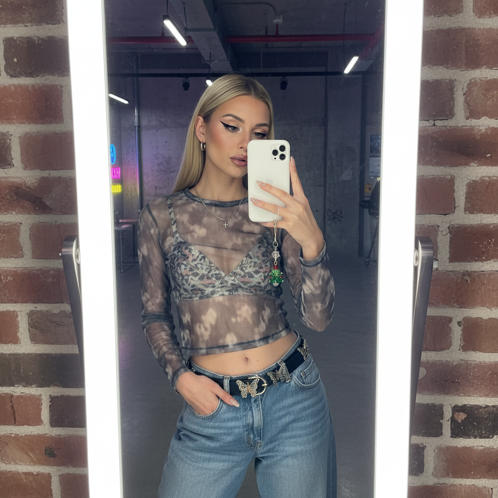 Handmade Beaded Christmas Tree Phone Charm - Green Crystal with Red Star