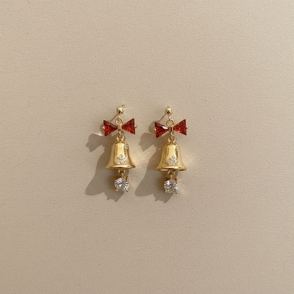 Christmas Bell Necklace Earrings Set - Red Bow CZ Jewelry Gold Silver Holiday Gift for Women
