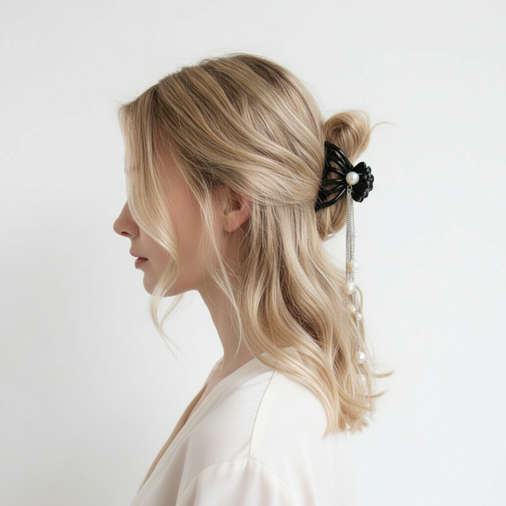 Black Butterfly Pearl Tassel Hair Clip