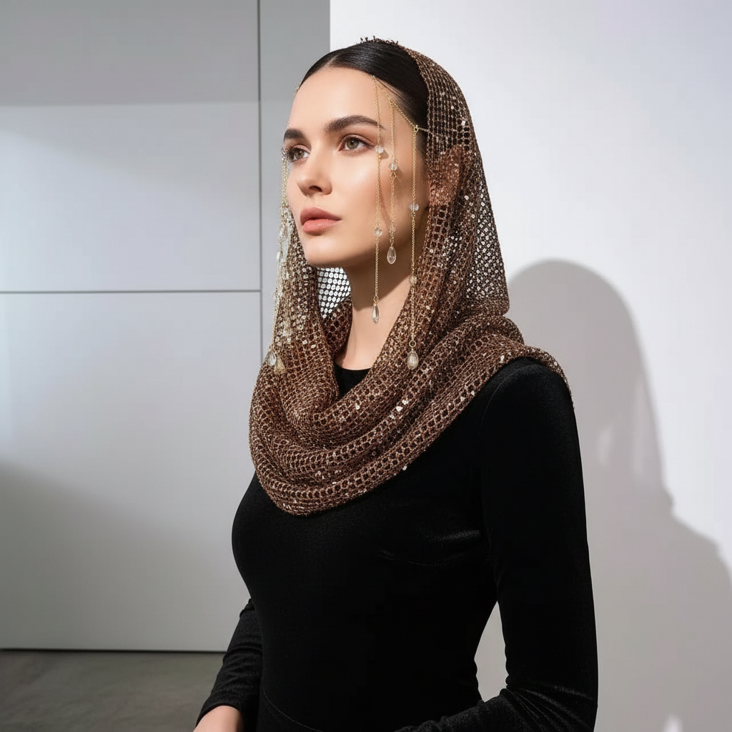 Y2K It Girl Metallic Mesh Hood Bohemian Headscarf Shawl