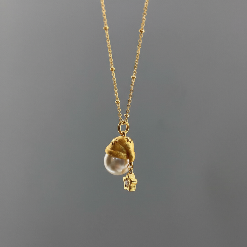 Gold Plated Faux Pearl Snowman Necklace with Star Charm - Handmade Brushed Finish