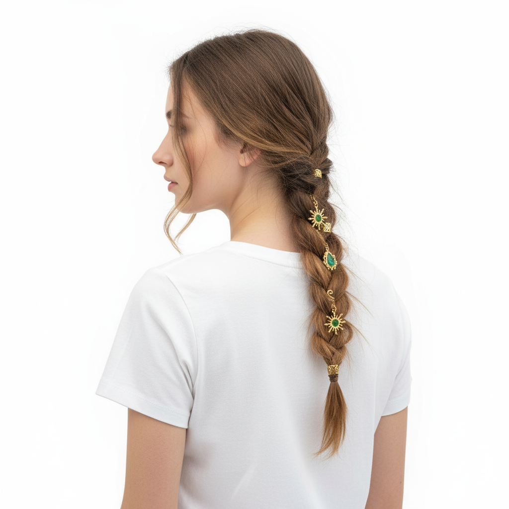 Bohemian Sun Charm Hair Jewelry with Green Gemstones - Gold Hair Accessories