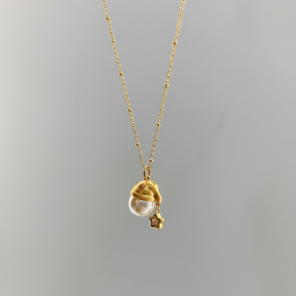 Gold Plated Faux Pearl Snowman Necklace with Star Charm - Handmade Brushed Finish