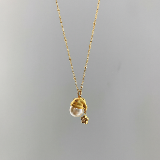 Gold Plated Faux Pearl Snowman Necklace with Star Charm - Handmade Brushed Finish