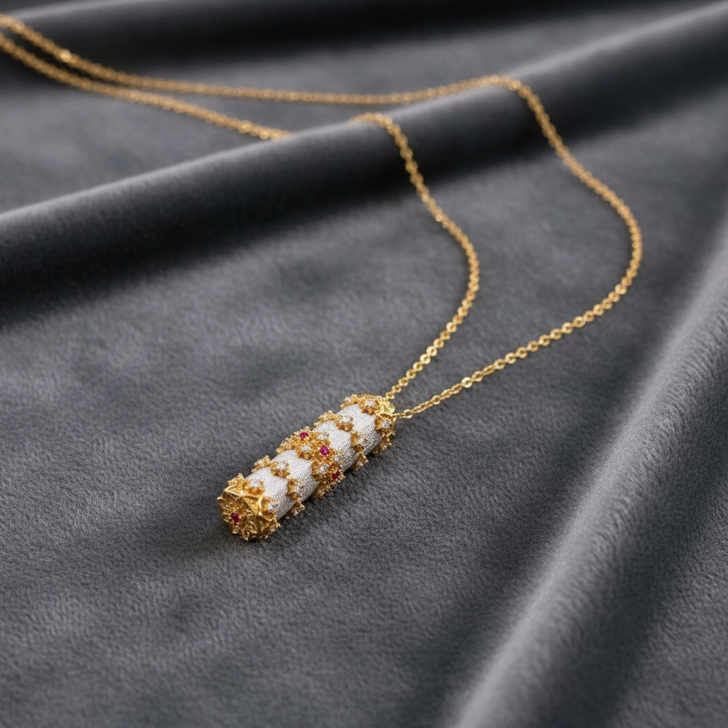 Luxury Gold Plated Kaleidoscope Cylinder Necklace - Handmade Brushed Finish with Gemstone Accents