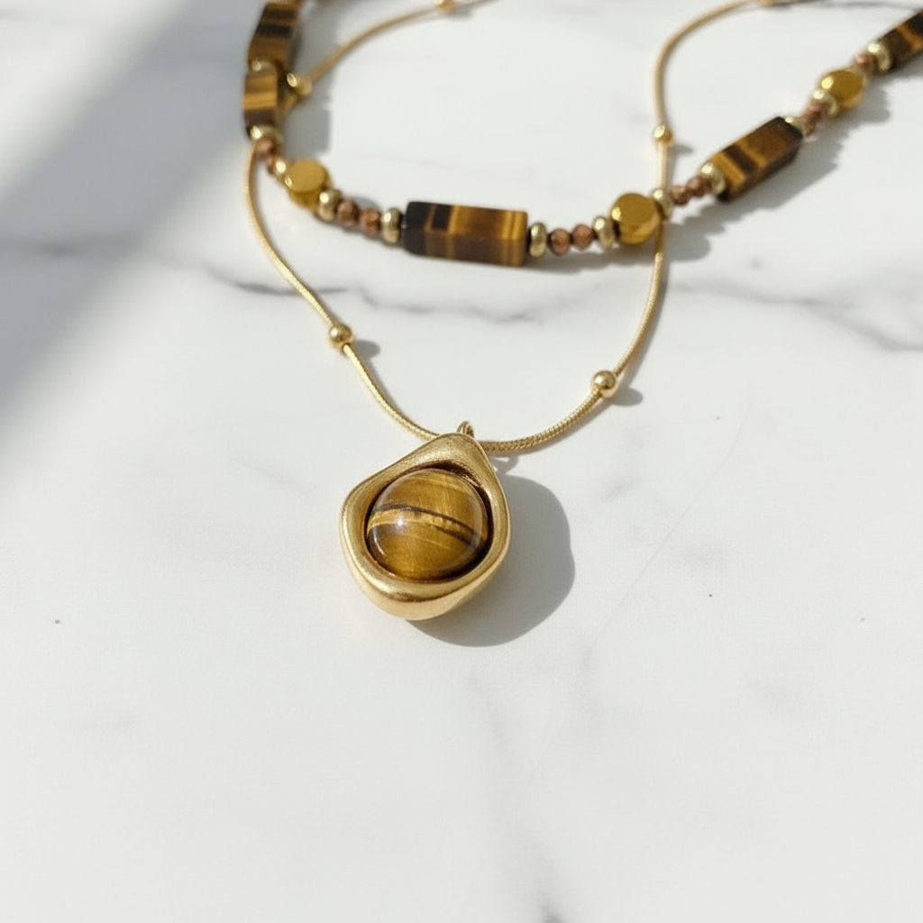 Tiger's Eye Layered Necklace Set - Gold Teardrop Pendant Double Chain