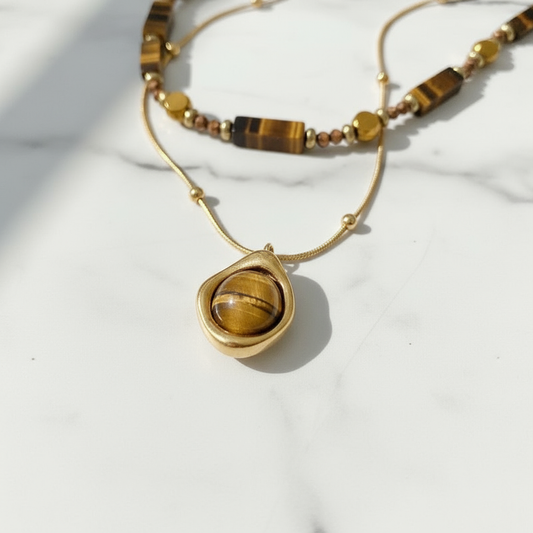 Tiger's Eye Layered Necklace Set - Gold Teardrop Pendant Double Chain