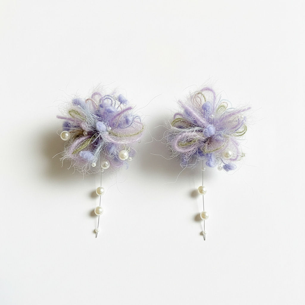 Whimsical Purple Fluffy Flower Pearl Earrings - Statement Jewelry