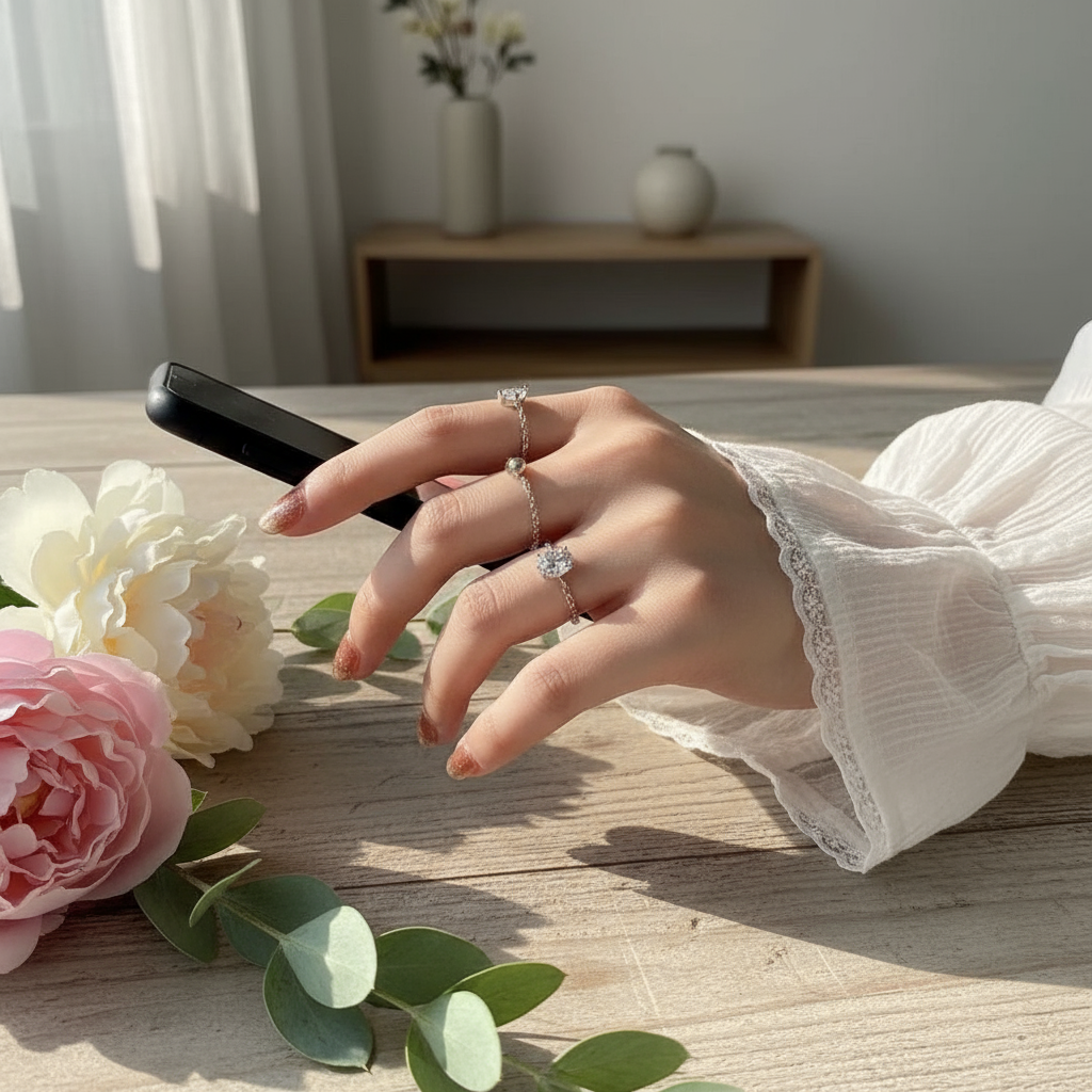 💎 Adjustable Moissanite Chain Ring | Round/Oval Cut Ring