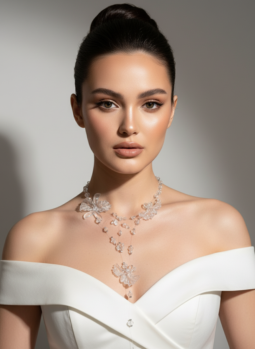 Crystal Flower Angel Necklace Statement Jewelry for Women - Transparent Cascading Beads Wedding Bridal Choker