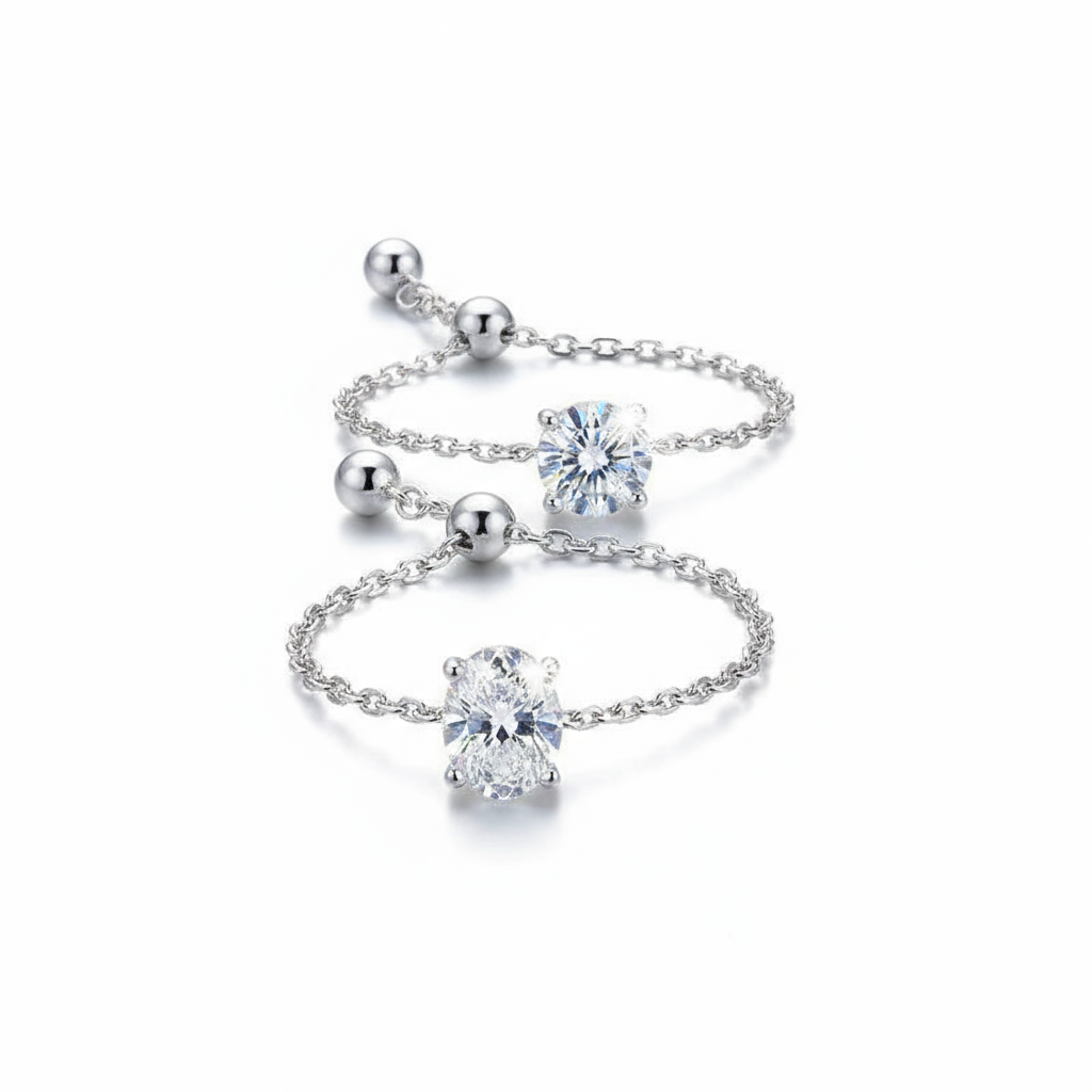 💎 Adjustable Moissanite Chain Ring | Round/Oval Cut Ring