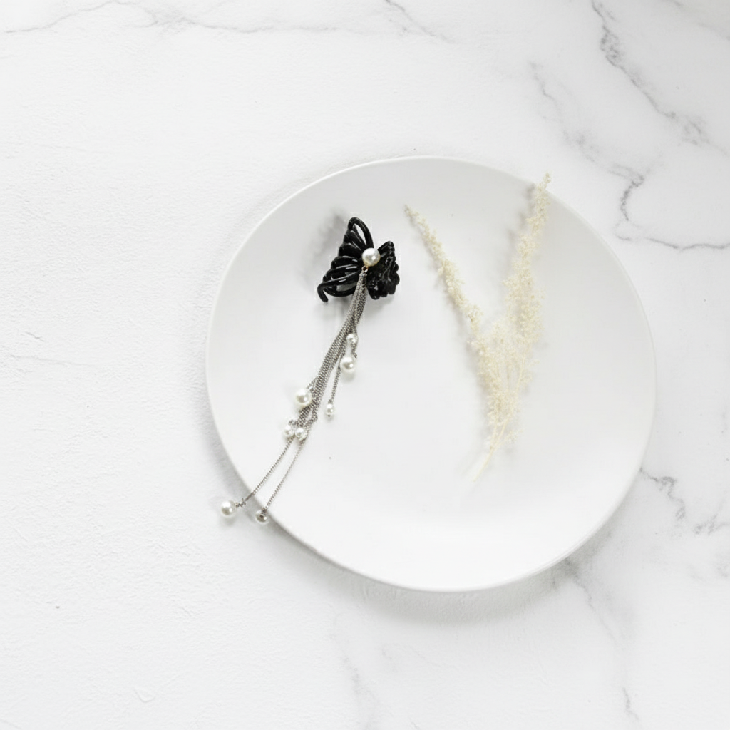 Black Butterfly Pearl Tassel Hair Clip