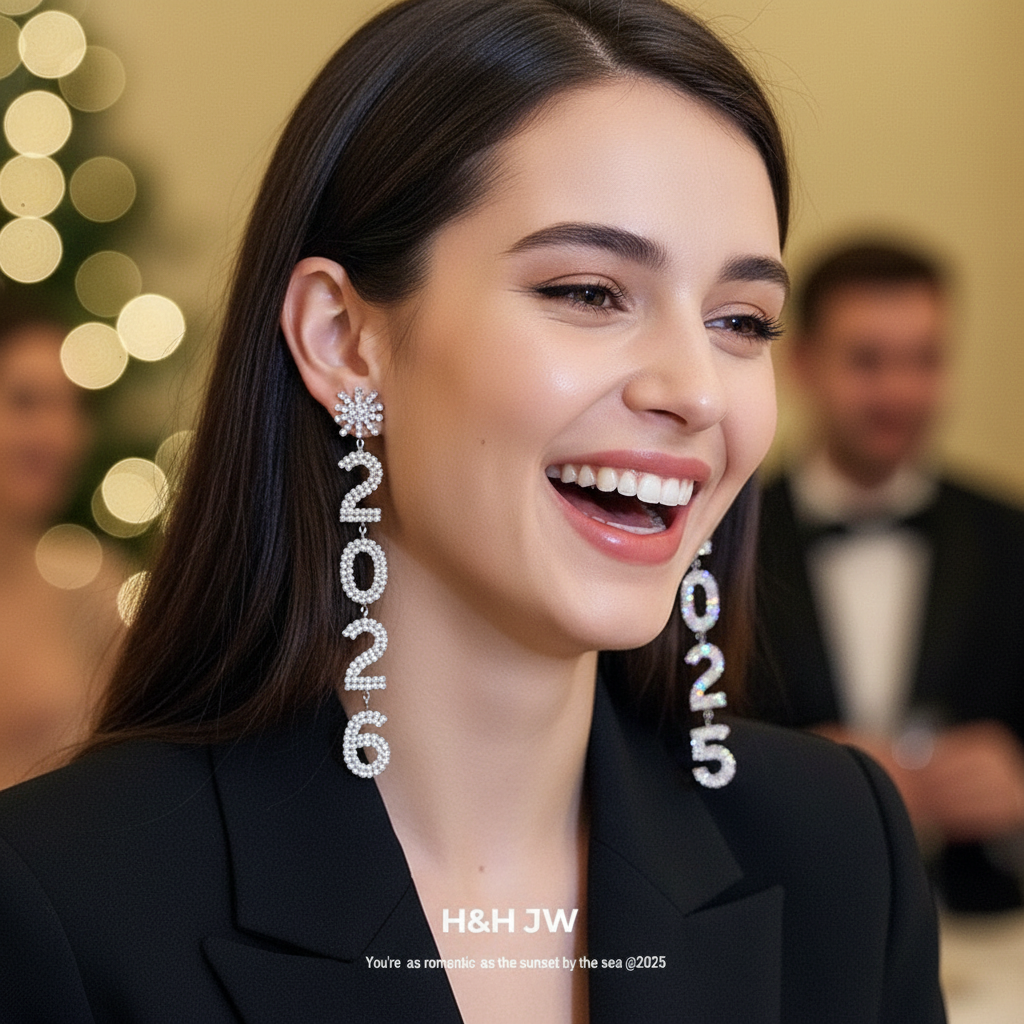 2026 New Year Crystal Number Earrings Snowflake Statement Jewelry