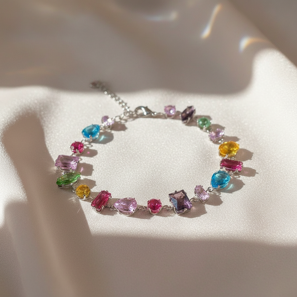 Colorful Zirconia Bracelet for Women - Multicolor Crystal Gemstone Chain Bracelet Gold Silver Plated Adjustable Charm Jewelry Gift