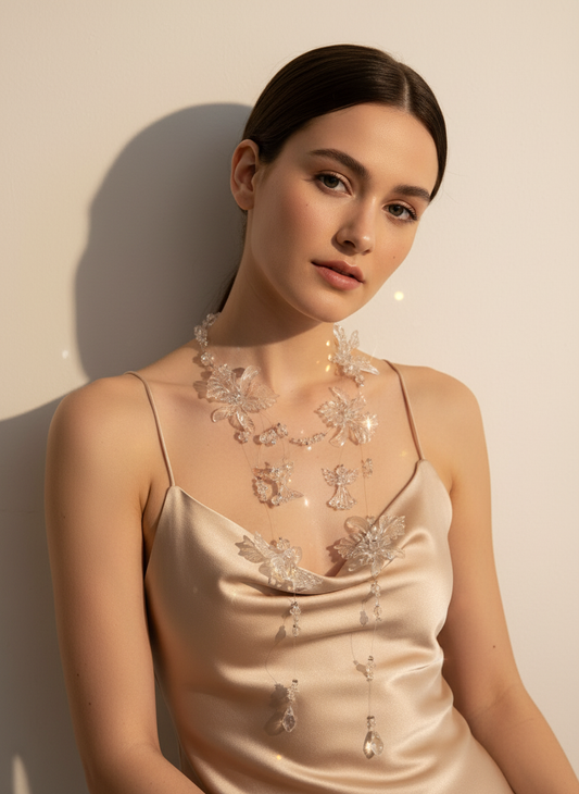 Crystal Flower Angel Necklace Statement Jewelry for Women - Transparent Cascading Beads Wedding Bridal Choker