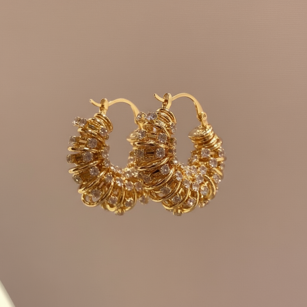 Luxury Gold Plated Crystal Hoop Earrings - Textured Wave Design