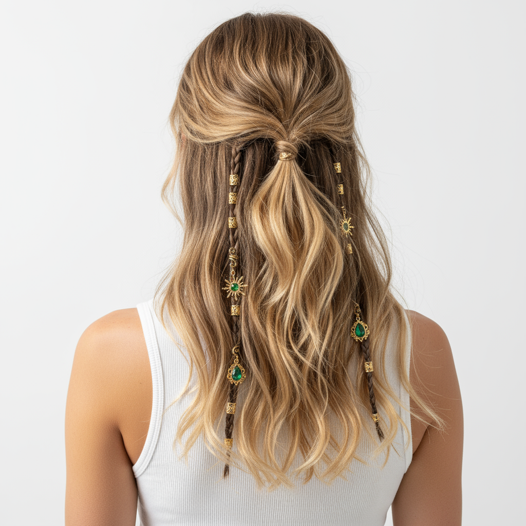 Bohemian Sun Charm Hair Jewelry with Green Gemstones - Gold Hair Accessories