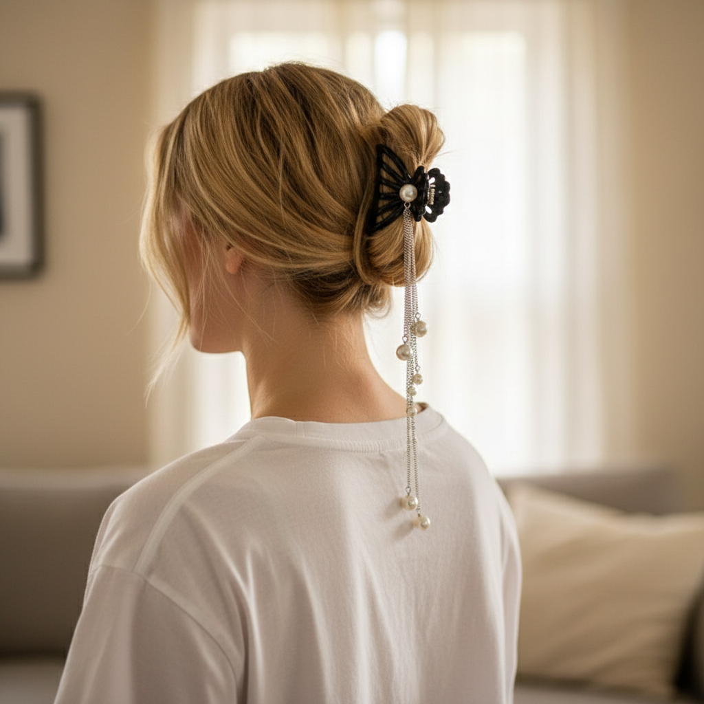 Black Butterfly Pearl Tassel Hair Clip