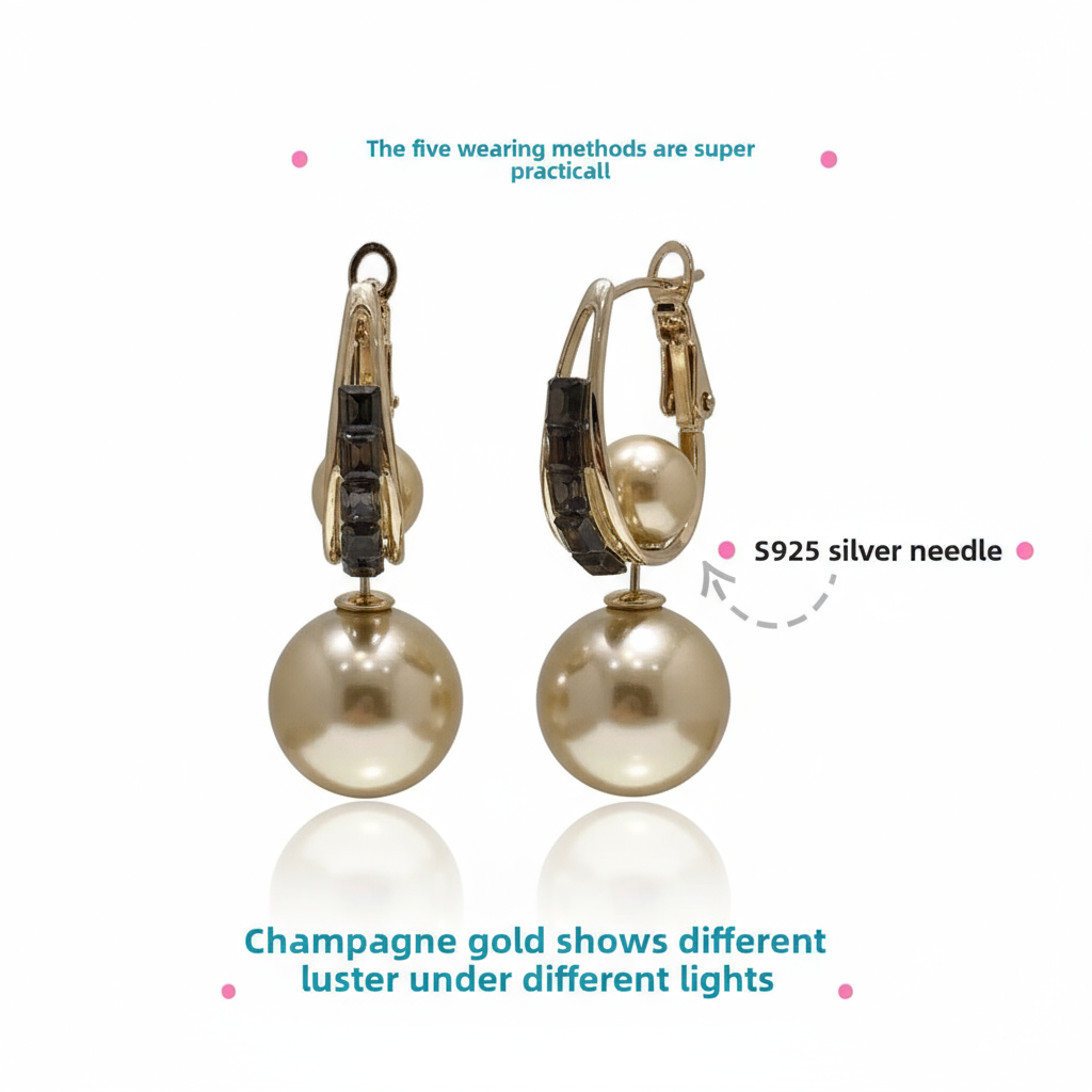 Champagne Gold Faux Pearl Hoop Earrings - 5 Wearing Methods | S925 Silver Needle