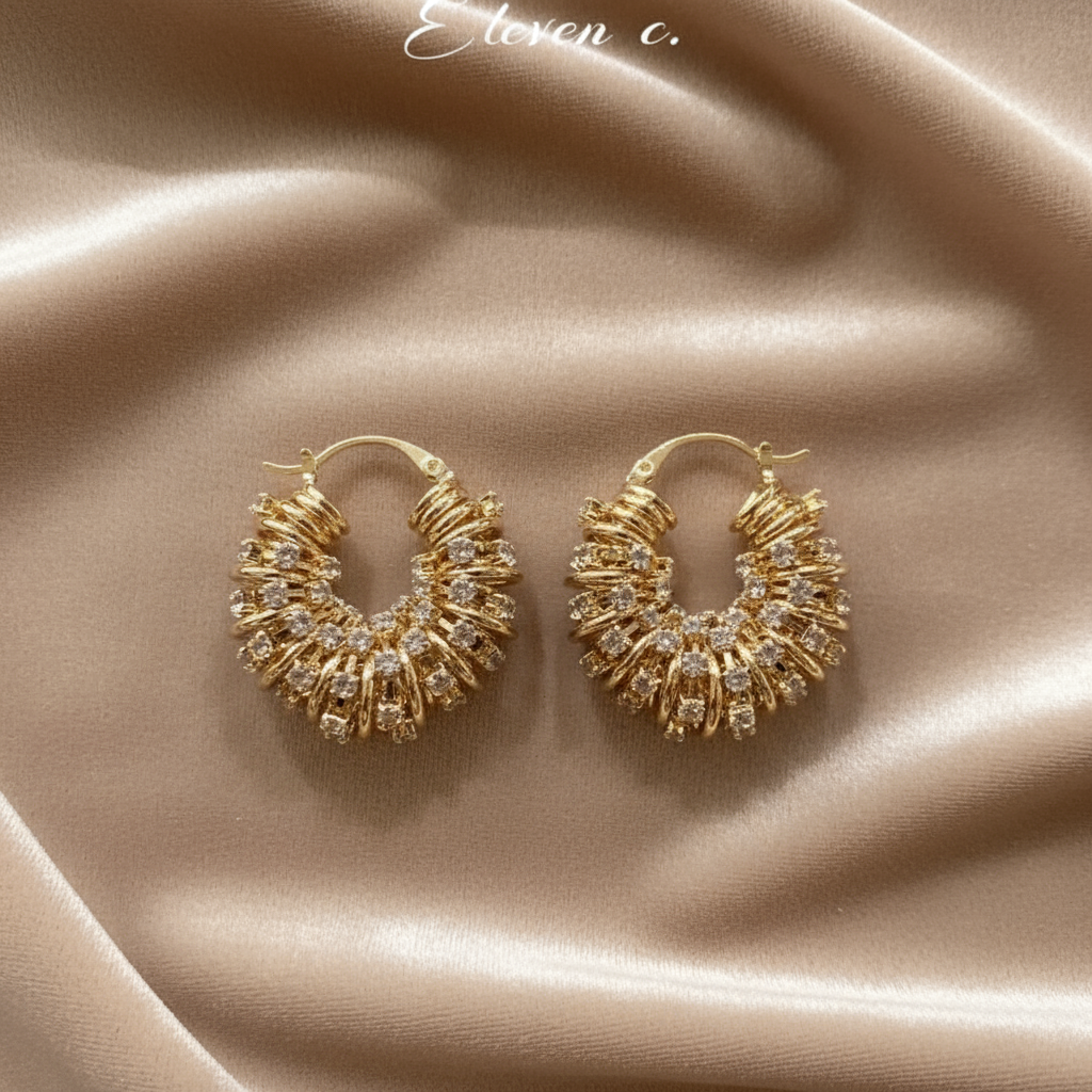 Luxury Gold Plated Crystal Hoop Earrings - Textured Wave Design