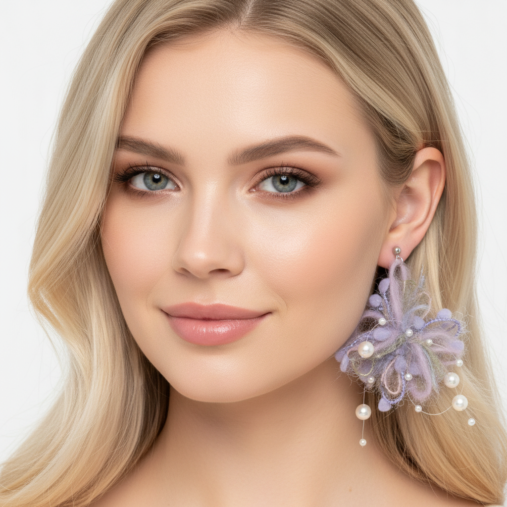 Whimsical Purple Fluffy Flower Pearl Earrings - Statement Jewelry